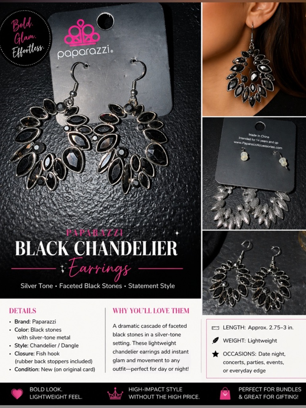 paparazzi Silver-Tone Black Faceted Chandelier Earrings